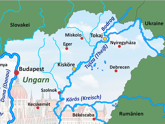 Routenvorschlag: Karte mit Nicols Charterstationen in Ungarn