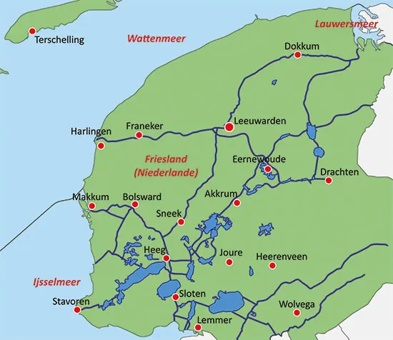 Motoryacht fahren in Friesland - Übersichtkarte mit den großen Wasserwegen